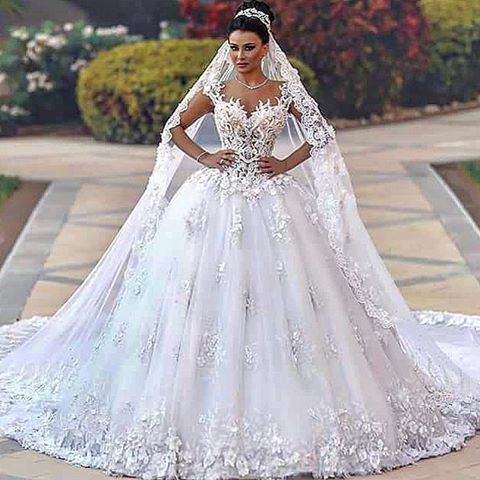 Elegant White Appliques Satin Wedding Dresses 2023 Ball Gown Scoop Neck  Puffy Short Sleeve Backless Sweep Train Wedding